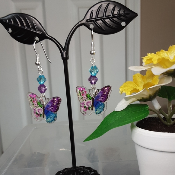 Handmade Butterfly Earrings Resin Purple Teal - Picture 2 of 5